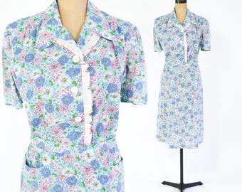 1940s Blue Floral Cotton Day Dress | Vintage Pink & Blue Dress | 40” bust | XL