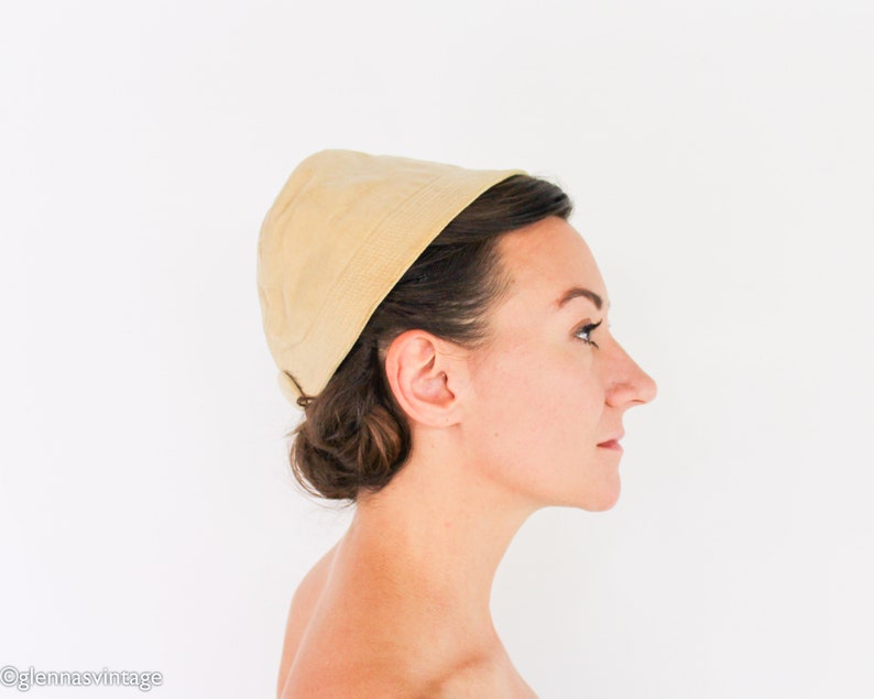 1940s Beige Velvet Hat 40s Beige Cotton Velvet Cap Gold Velvet Hat image 4