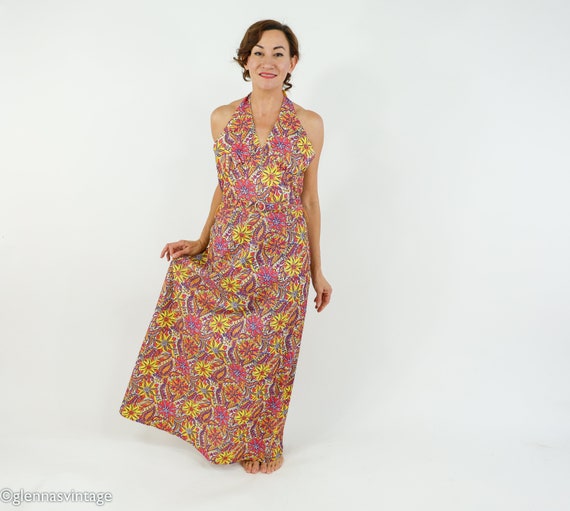 1970s Flowered Metallic Halter Maxi Dress Jacket … - image 7