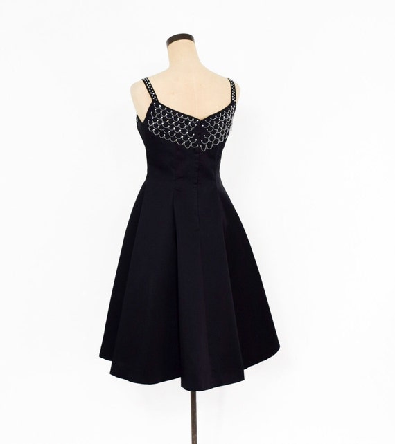 1950s Black Satin Cocktail Dress | 50s Black Bead… - image 5