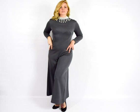 1970s Gray Palazzo Jumpsuit | 70s Gray Knit Jumpsu