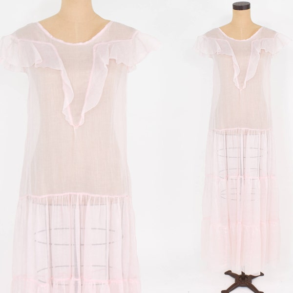 1930s Pale Pink Organza Evening Dress | Vintage Pink Ruffle Trim Dress, Medium
