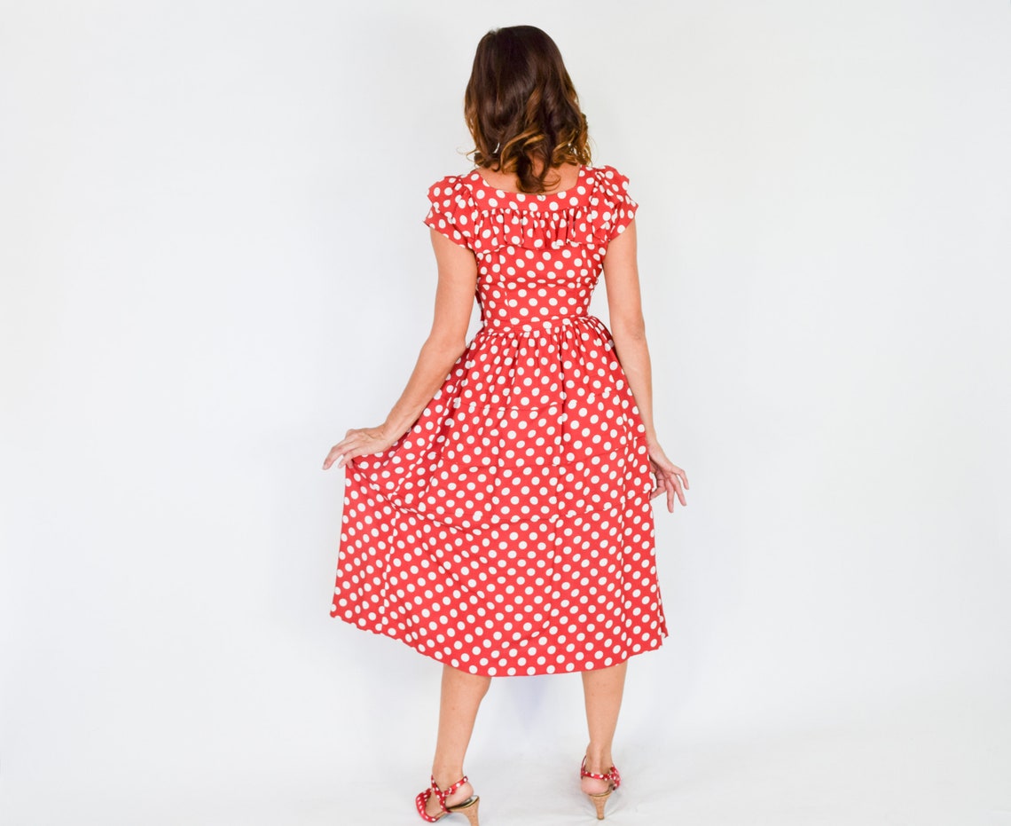 Vintage 1940s Red White Polka Dot Dress by Barbette | L/XL
