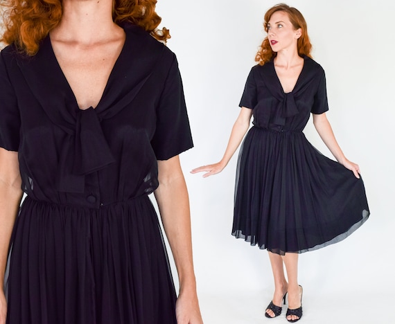 1950s Black Chiffon Dress | 50s Black Chiffon Party D… - Gem