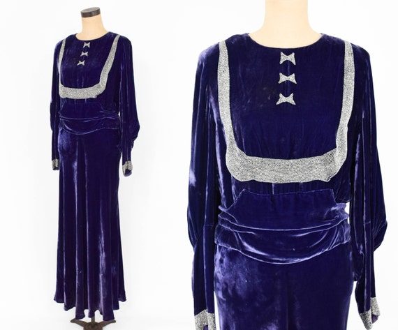 1900s Purple Silk Velvet Gown | Purple Beaded Eve… - image 1