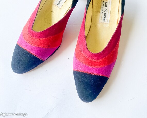 1980s Red Suede Colorful Pumps | 80s Hot Pink & R… - image 3
