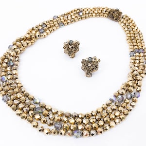 Collier et boucles d'oreilles en bronze et cristal des années 50 | Parure de bijoux de soirée en cristal doré des années 50 | Eugène