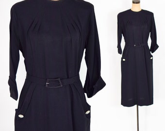 1940s Black Crepe Dress | 40s Black Crepe Sheath Dress | A Kay Carter Originals | Medium