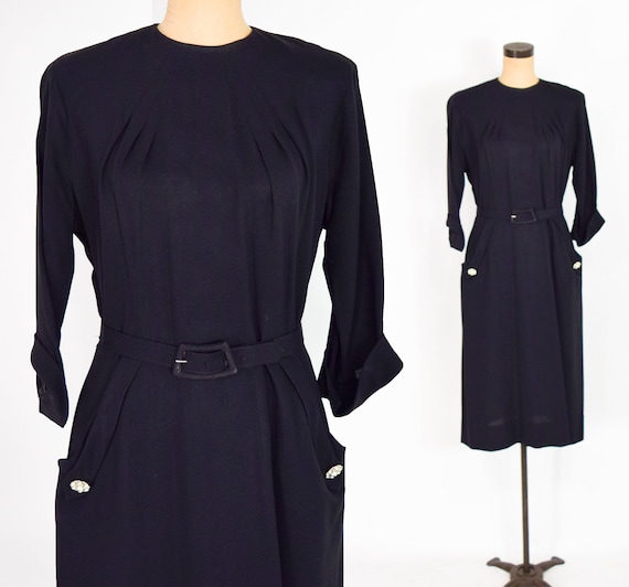 1940s Black Crepe Dress | 40s Black Crepe Sheath … - image 1