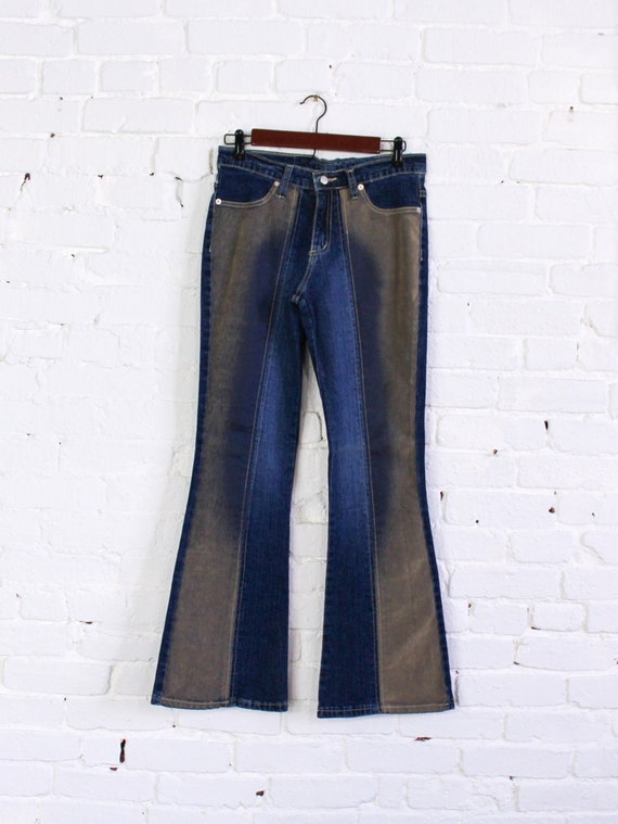 1990s Blue Denim Jeans | 90s Blue & Beige Sueded … - image 1