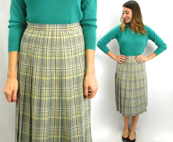 1950s Gray Pleated Skirt | 50s Grey & Yellow Plai… - image 1