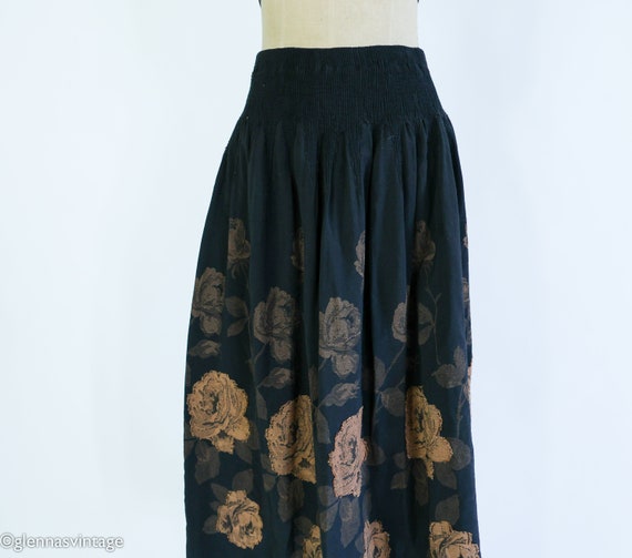 1990s Black & Bronze Floral Print Skirt | 90s Bla… - image 4