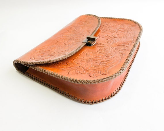 1950s Brown Tooled Leather Purse | 50s Rust Brown… - image 5