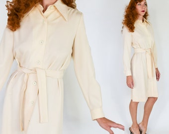 1980s Creme Wool Gabardine Coat Dress | 80s Off White Wool Coat Dress | White Wool Dress | Gloria Sachs | Medium