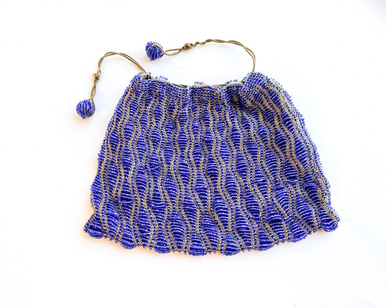 1900s Blue Beaded Evening Bag Royal Blue Glass Bead Purse image 6