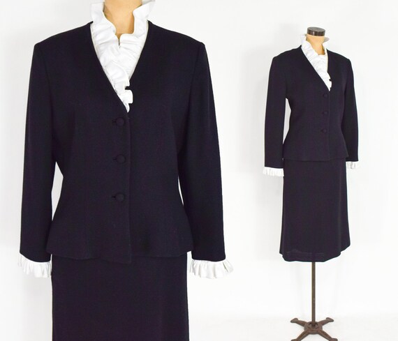 1970s Black Wool Crepe Suit | 70s Black Wool Skirt