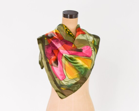 1980s Picasso Green Scarf | 80s Olive Green Print… - image 4