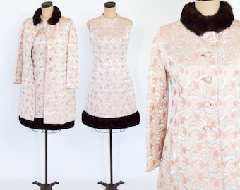 1960s Pink Metallic Brocade Evening Dress Set | 60s Peach & Silver Silk Brocade Coat Dress | Fur Trimmed Evening Dress | Mark Klaus | Medium