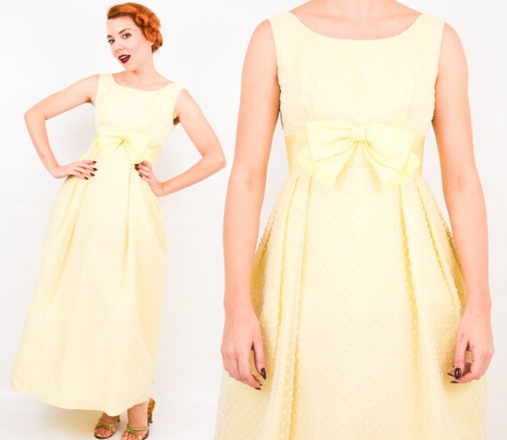 1960s Yellow Evening Dress | 60s Yellow Dotted Sw… - image 1