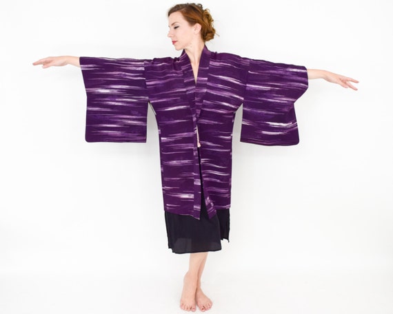 1950s Purple Silk Haori  | 50s Dark Purple Stripe… - image 2