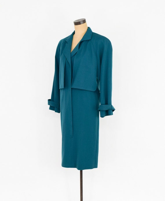 1980s Blue Wool Gabardine Dress | 80s Aqua Wool G… - image 8