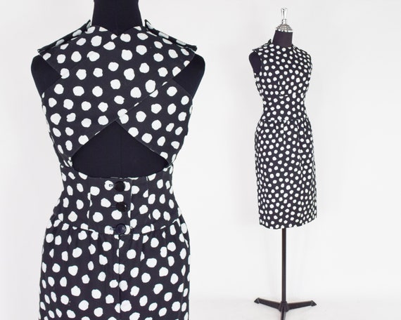 1980s Black Polka Dot Dress | 80s Black & White Po