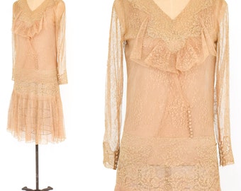 1920s Beige Lace Dress | 20s Beige Ecru Lace & Silk Dress | Wedding Dress | Small