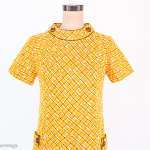 1960s Yellow Wool Plaid Dress 60s Gold Plaid Shift Dress Twiggy Style Medium image 9