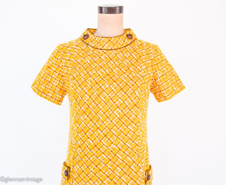 1960s Yellow Wool Plaid Dress 60s Gold Plaid Shift Dress Twiggy Style Medium image 9