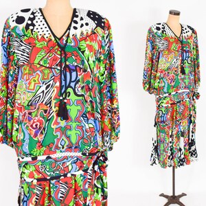Diane Freis / Blusa y falda de patchwork colorido de los años 80 / Conjunto de fiesta con estampado Op Art de los años 80 / Grande imagen 2