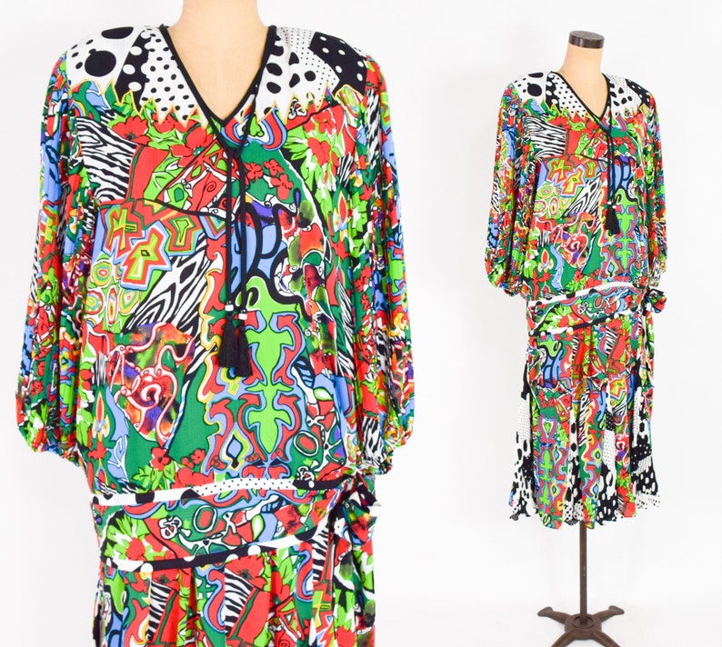 Diane Freis 1980s Colorful Patchwork Blouse & Skirt 80s Op Art Print Party Set Large image 2