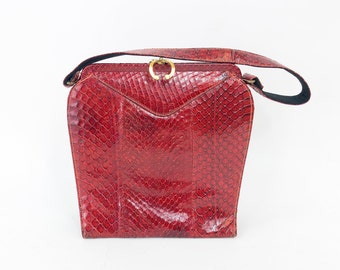 1940s Red Snakeskin Handbag | 40s Red Leather Handbag