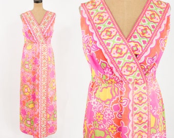 Abito maxi con stampa floreale rosa anni '70 / Maxi abito con stampa Tiki stampa rosa anni '70 / Medio