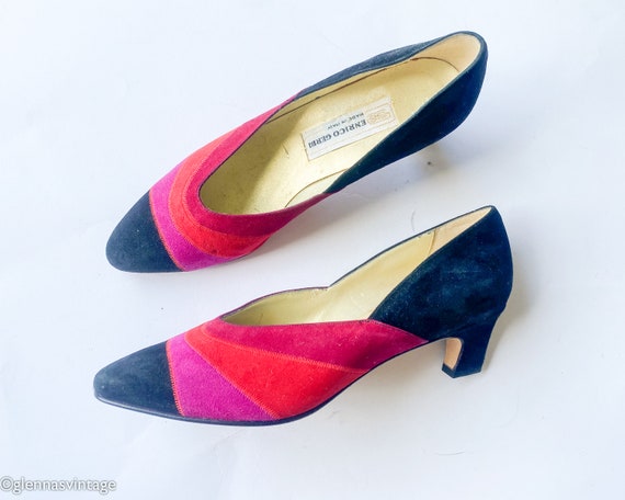 1980s Red Suede Colorful Pumps | 80s Hot Pink & R… - image 1