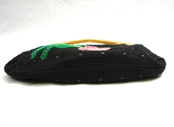 1970s Black Beaded Purse | 70s Black Floral Handb… - image 5