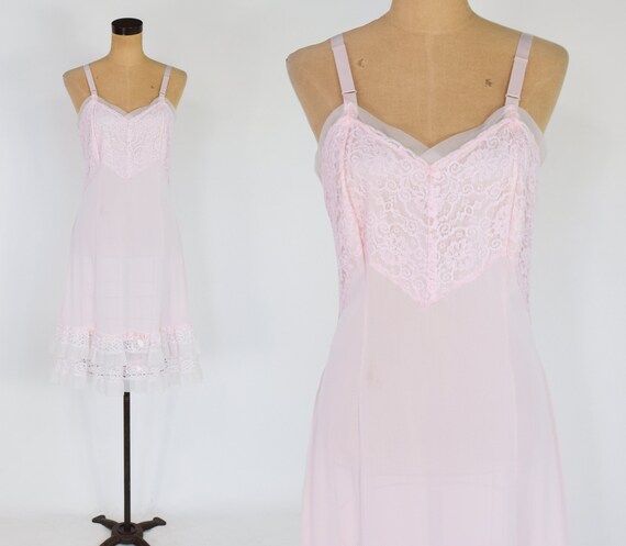1950s Pink Full Slip | 50s Pale Pink Ruffled Slip
