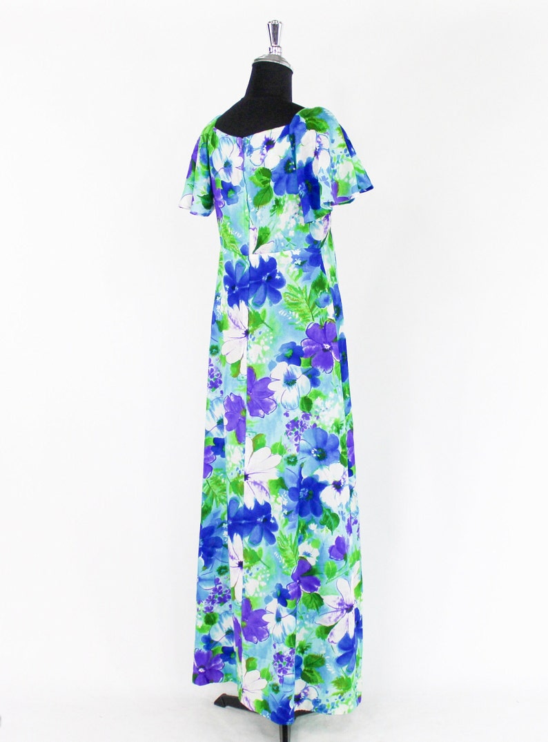 1970s Blue Flowered Maxi Dress 70s Blue White Hawaiian Maxi Dress Maluna Hawaii Small image 5