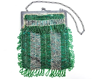 1900s Beaded Evening Bag | Vintage Green Glass Bead Purse