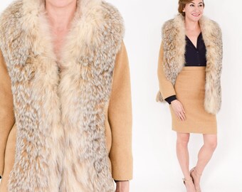 1960s Lilli Ann Camel Wool Suit | Vintage Tan Fox Fur Jacket & Skirt, Extra Small