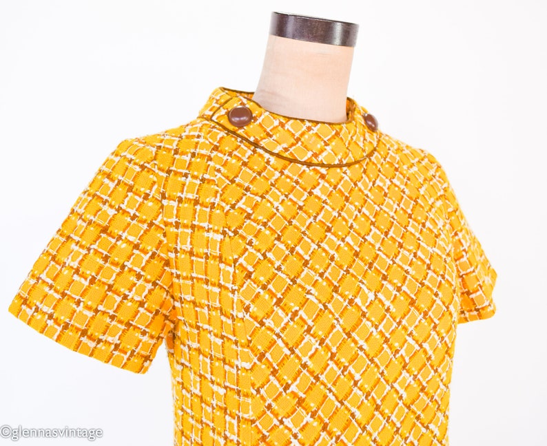 1960s Yellow Wool Plaid Dress 60s Gold Plaid Shift Dress Twiggy Style Medium image 7