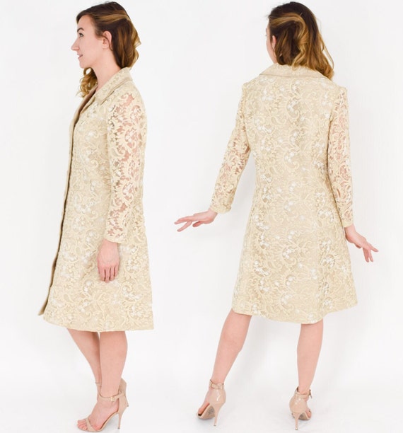 1960s Beige Silk Shantung Dress | 60s Beige Lace … - image 2