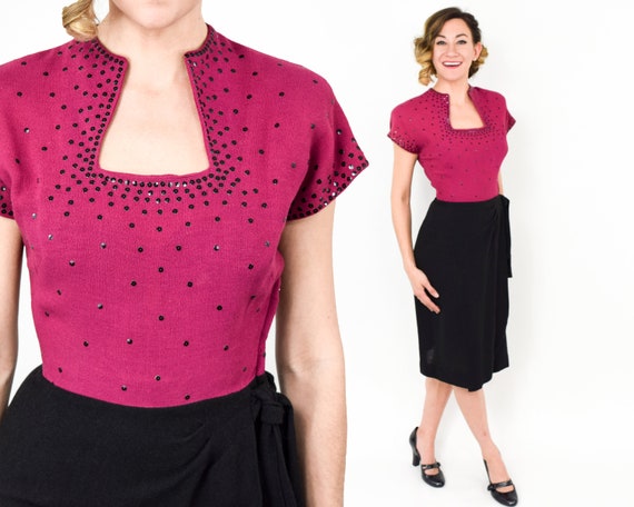1940s Black Crepe Cocktail Dress | 40s Black & Mag