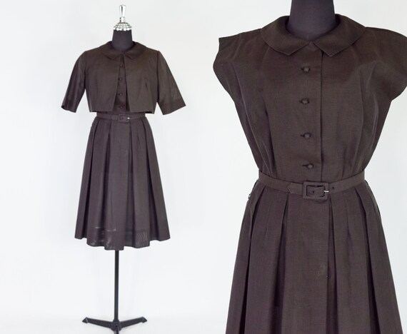 1950s Brown Dress Set | 50s Brown Cotton Dress & J