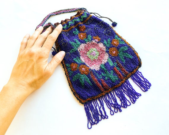 1900s Blue Floral Beaded Evening Bag | Blue & Pin… - image 2