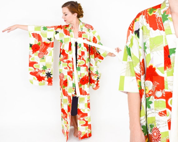 1950s Floral Print Kimono | 50s Green Red and Ora… - image 3