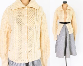 1950s Wool Knit Cardigan Sweater | 50s Off White Irish Wool Cardigan | Republic of Ireland | Gray Pleated Swing Skirt | Medium