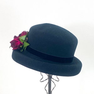 1990s Black Wool Hat 90s Black & Red Flower Hat STUDIO KOKKIN N.Y. image 5