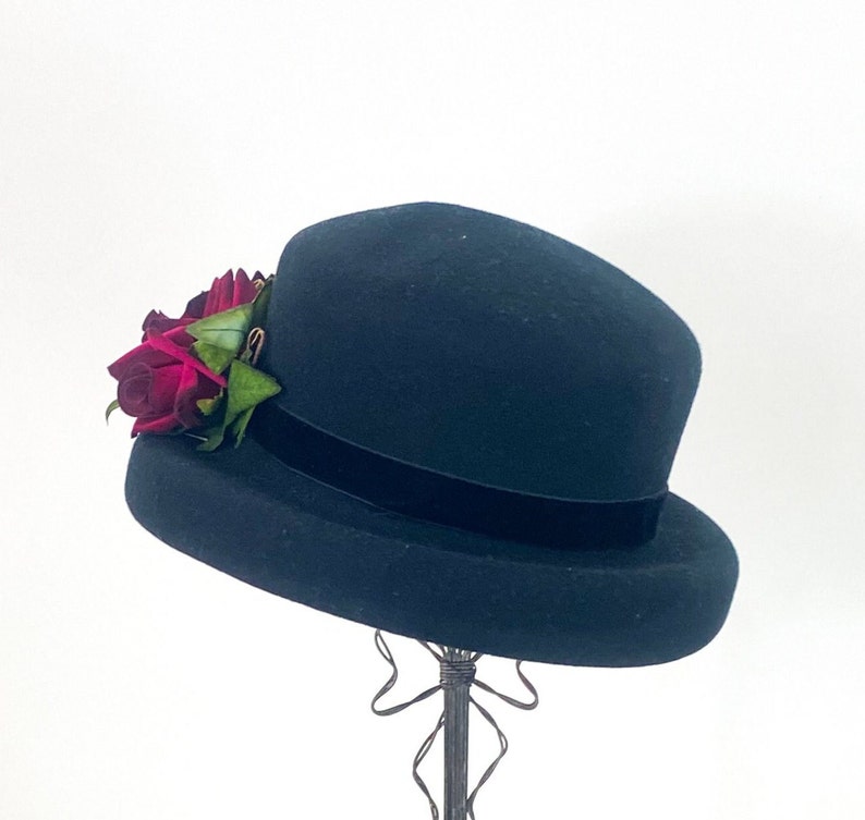 1990s Black Wool Hat 90s Black & Red Flower Hat STUDIO KOKKIN N.Y. image 5