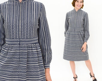 1960s Gray Striped Dress | 60s Blue  & Gray Stripe Knit Dress | Leslie Fay Knits |  Medium