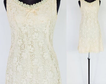 1960s Creme Lace Sleeveless Sheath | 60s White Cotton Lace Dress | Small